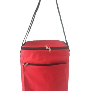 Front view of a custom red waterproof cooler bag featuring a zippered accessory pocket and adjustable shoulder strap.