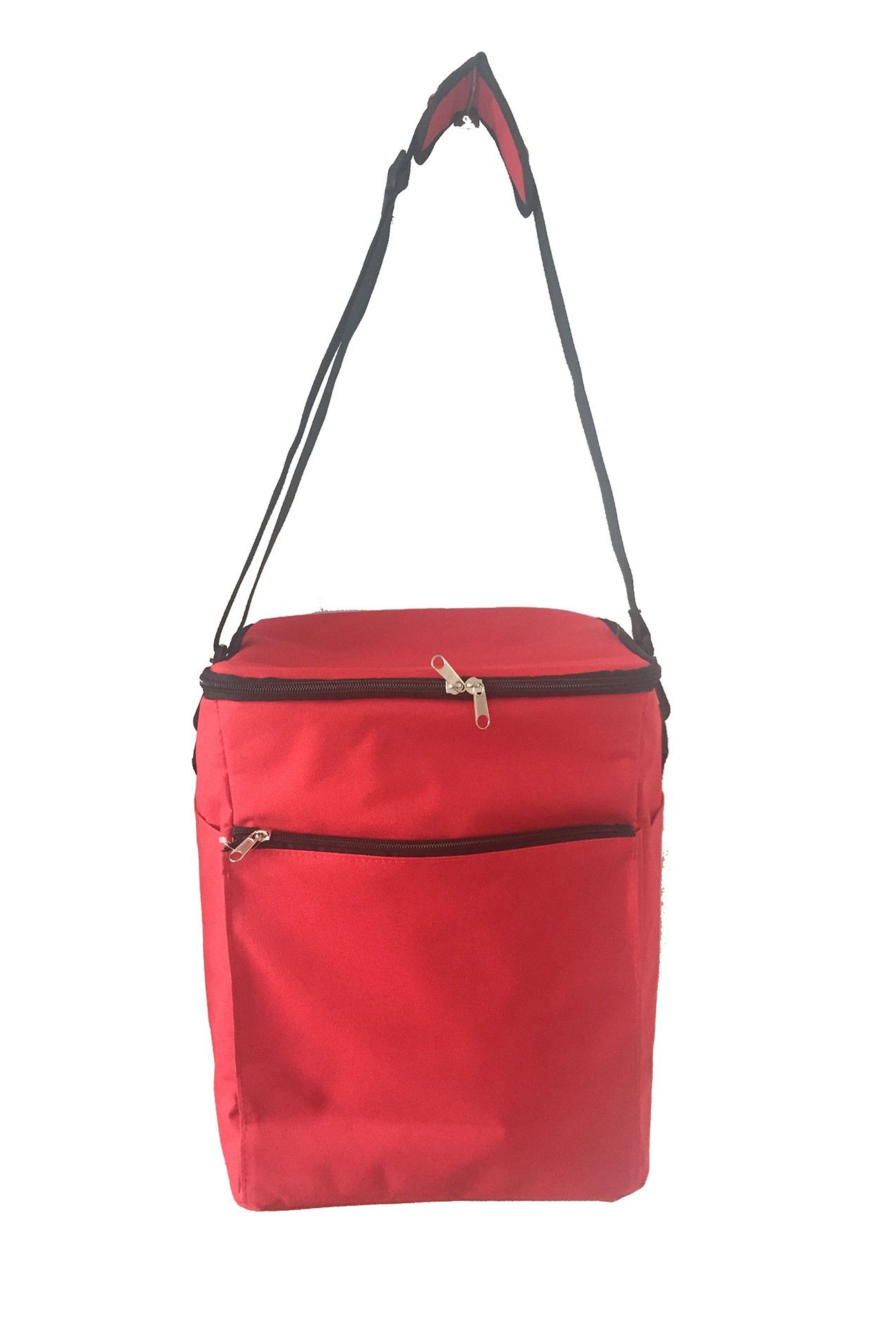 Front view of a custom red waterproof cooler bag featuring a zippered accessory pocket and adjustable shoulder strap.