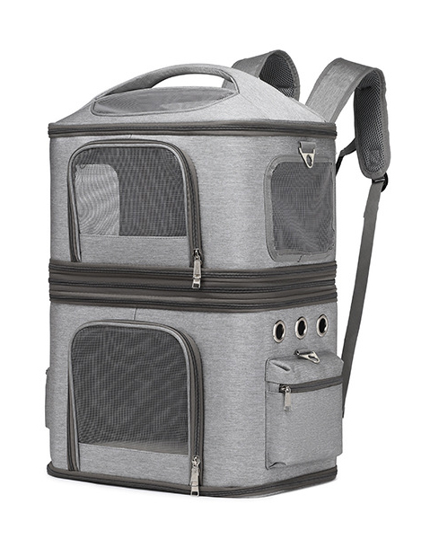 Top Sound double-deck cat carrier backpack in heather grey, angled front-right view with mesh doors closed