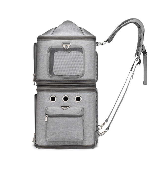 Side profile of double cat carrier backpack highlighting side mesh window, metal air grommets, and accessory pocket.