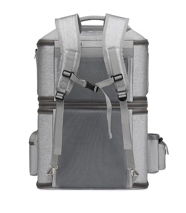 Rear ergonomic backpack straps with adjustable chest buckle and breathable mesh back padding for carrier weight distribution.