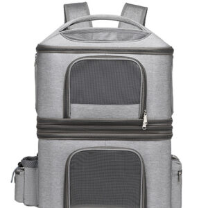 Front view of heather grey double-deck pet backpack carrier featuring mesh ventilation windows and zippered storage pockets.