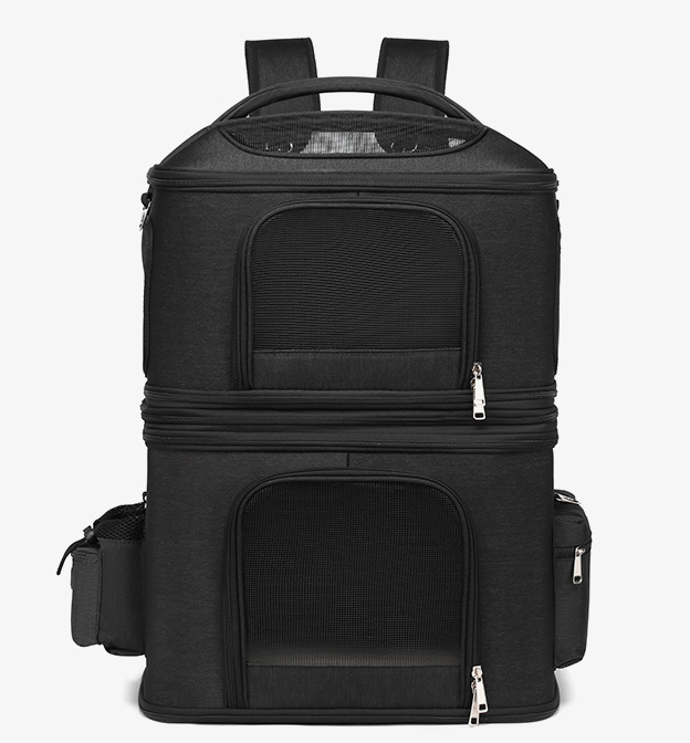 Black colorway double-deck pet carrier backpack front view with dual mesh entry doors and side pockets