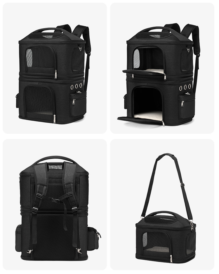 Black double cat carrier backpack shown as 4-image set: closed, open doors, rear straps, and single detachable carrier