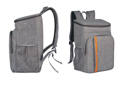 Gray insulated cooler backpack shown from two angles — padded straps, mesh side pocket, and orange accent stripe.