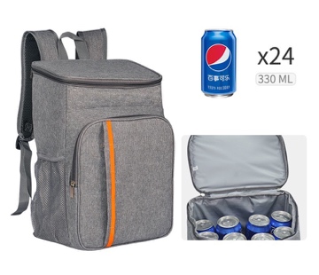 Insulated cooler backpack with 24-can capacity and open main compartment loaded with beverage cans.