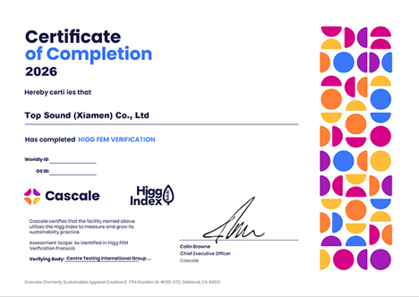 Top Sound 2026 Higg FEM Verification Certificate of Completion from Cascale / Higg Index.