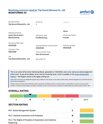 amfori BSCI social audit monitoring summary report for Top Sound (Xiamen) Co., Ltd.