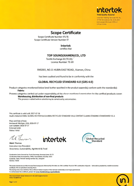 Intertek Global Recycled Standard 4.0 (GRS 4.0) scope certificate for Top Sound.
