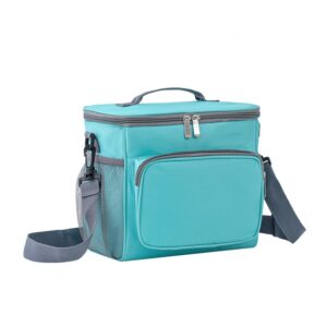 Turquoise 600D oxford insulated lunch cooler bag with zippered front pocket and removable shoulder strap by Top Sound