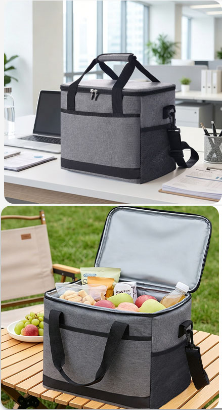 Top image showing TPC10013 cooler bag on an office desk; bottom image showing open cooler bag filled with food and drinks on a wooden picnic table