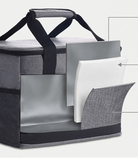 Cross-section diagram demonstrating the outer Oxford fabric, middle pearl cotton layer, and inner leakproof thermal lining