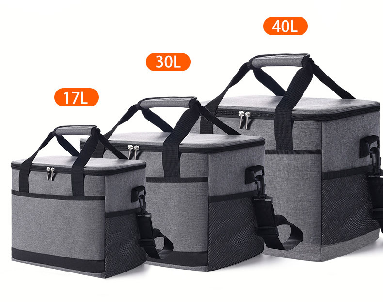 Lineup of heather grey TPC10013 insulated cooler bags in 17L, 30L, and 40L capacity options by Top Sound