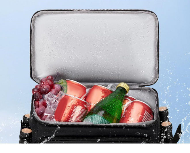 Top perspective view displaying 20 beverage cans neatly stacked inside the thermal silver lining of TPC10015 cooler tote