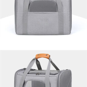 Two-tone grey and black soft-sided pet carrier bag with breathable mesh windows and padded shoulder strap by Top Sound