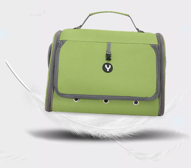 Side perspective of TPP6003 pet carrier in closed mode showing mesh ventilation panels and shoulder strap attachments