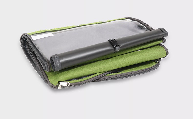 Rear perspective view of TPP6003 pet bag attached to suitcase handle using built-in luggage trolley strap